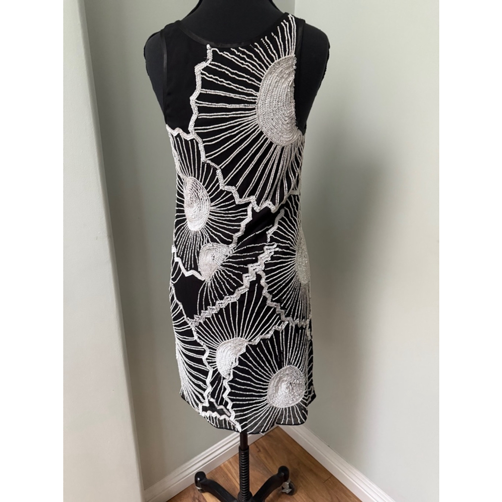 French Connection black white sequin beaded shift dress Gatsby 1920s style sz 4 - Picture 5 of 6